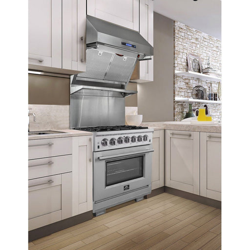 Forno Kitchen Appliance Packages Forno 30" Gas Range, French Door Refrigerator, Wall Mount Hood with Backsplash and Stainless Steel Dishwasher Pro Appliance Package