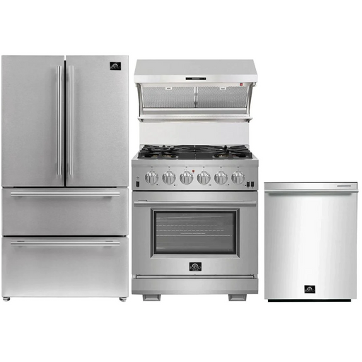 Forno Kitchen Appliance Packages Forno 30" Gas Range, French Door Refrigerator, Wall Mount Hood with Backsplash and Stainless Steel Dishwasher Pro Appliance Package