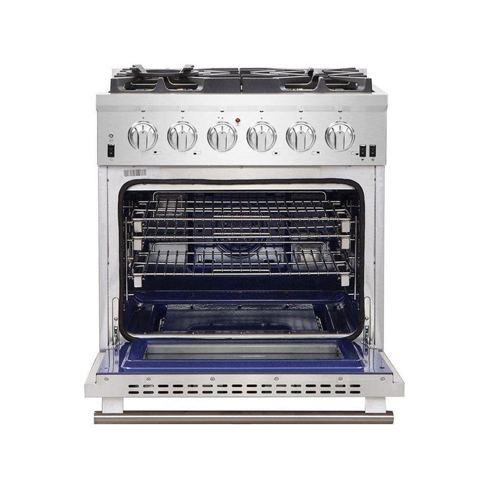 Forno Kitchen Appliance Packages Forno 30" Gas Range, Refrigerator with Water Dispenser, Microwave Drawer and Stainless Steel 3-Rack Dishwasher Pro Appliance Package