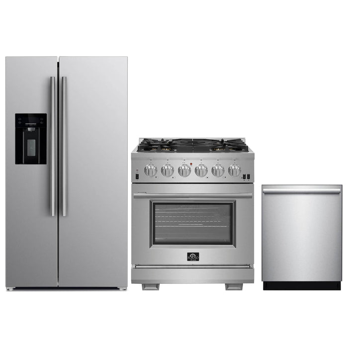 Forno 30" Gas Range, Refrigerator with Water Dispenser & Stainless Steel Dishwasher Pro Appliance Package