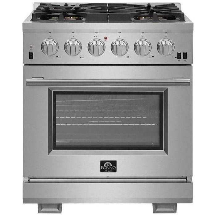 Forno Kitchen Appliance Packages Forno 30" Gas Range, Refrigerator with Water Dispenser, Wall Mount Hood, Microwave Oven and Stainless Steel 3-Rack Dishwasher Pro Appliance Package
