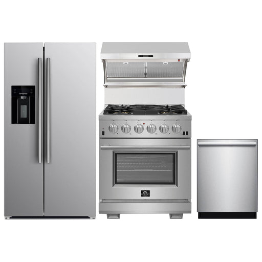 Forno 30" Gas Range, Refrigerator with Water Dispenser, Wall Mount Hood with Backsplash and Stainless Steel 3-Rack Dishwasher Pro Appliance Package