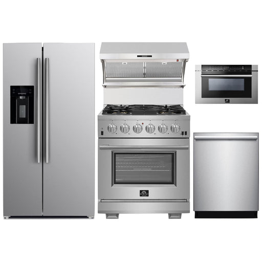 Forno 30" Gas Range, Refrigerator with Water Dispenser, Wall Mount Hood with Backsplash, Microwave Drawer and Stainless Steel 3-Rack Dishwasher Pro Appliance Package