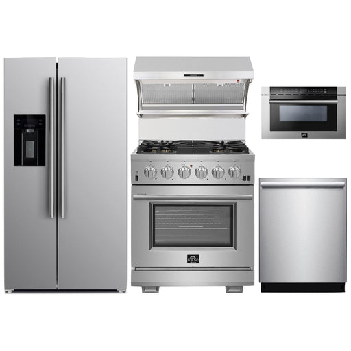 Forno Kitchen Appliance Packages Forno 30" Gas Range, Refrigerator with Water Dispenser, Wall Mount Hood with Backsplash, Microwave Drawer and Stainless Steel 3-Rack Dishwasher Pro Appliance Package