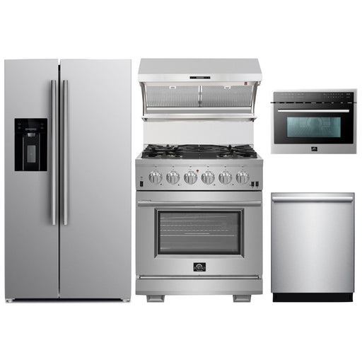 Forno Kitchen Appliance Packages Forno 30" Gas Range, Refrigerator with Water Dispenser, Wall Mount Hood with Backsplash, Microwave Oven and Stainless Steel 3-Rack Dishwasher Pro Appliance Package