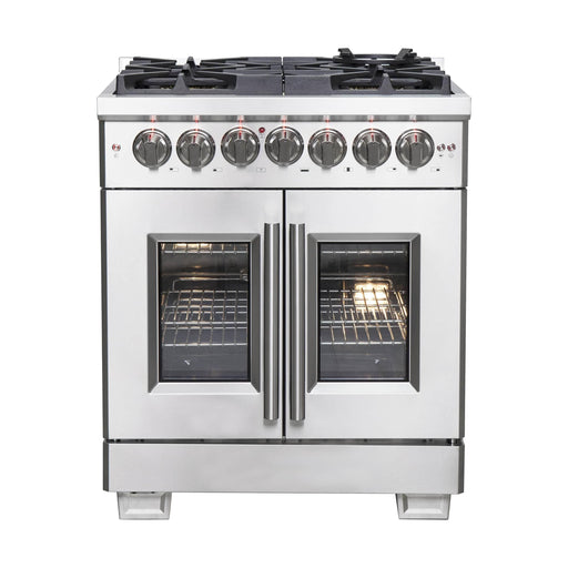 Forno Ranges Forno 30-Inch Capriasca Dual Fuel Range with 5 Gas Burners, 100,000 BTUs, and French Door Electric Oven in Stainless Steel FFSGS6387-30