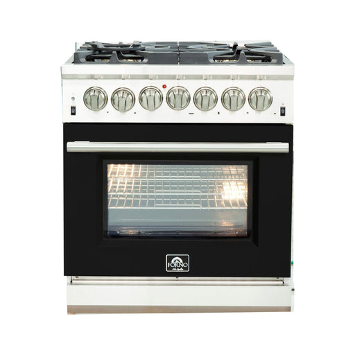 Forno 30-Inch Capriasca Dual Fuel Range with 5 Gas Burners and 240v Electric Oven in Stainless Steel with Black Door (FFSGS6187-30BLK)