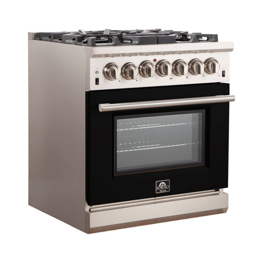 Forno Ranges Forno 30-Inch Capriasca Gas Range with 5 Burners and Convection Oven in Stainless Steel with Black Door (FFSGS6260-30BLK)