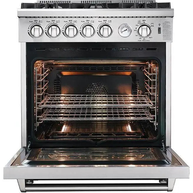 Forno 30 Inch Gas Range, Refrigerator, Microwave Drawer and Dishwasher Appliance Package