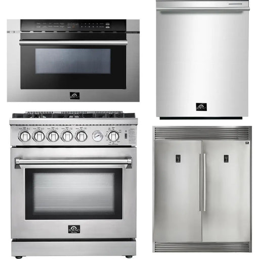 Forno 30 Inch Gas Range, Refrigerator, Microwave Drawer and Dishwasher Appliance Package