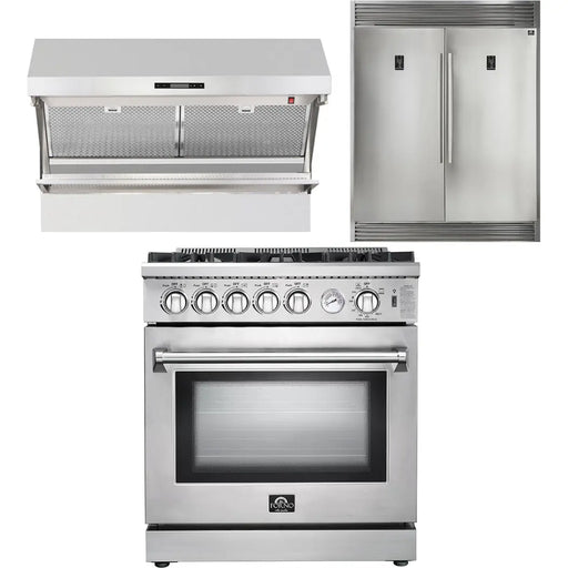 Forno 30 Inch Gas Range, Wall Mount Range Hood and Refrigerator Appliance Package