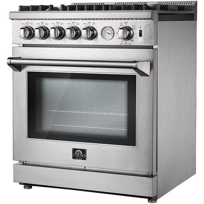 Forno 30 Inch Gas Range, Wall Mount Range Hood and Refrigerator Appliance Package