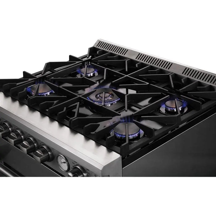 Forno 30 Inch Gas Range, Wall Mount Range Hood, Microwave Drawer and Dishwasher Appliance Package