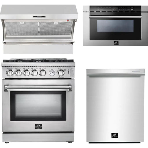 Forno 30 Inch Gas Range, Wall Mount Range Hood, Microwave Drawer and Dishwasher Appliance Package