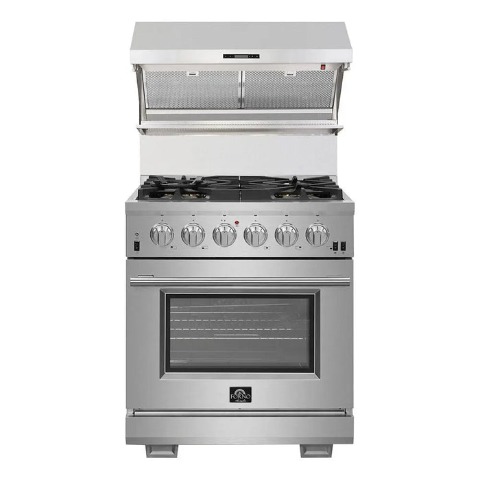 Forno 30 Inch Gas Range, Wall Mount Range Hood, Microwave Drawer and Dishwasher Appliance Package