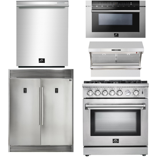 Forno Kitchen Appliance Packages Forno 30 Inch Gas Range, Wall Mount Range Hood, Refrigerator, Microwave Drawer and Dishwasher Appliance Package