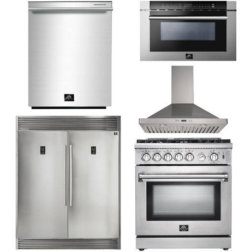 Forno Kitchen Appliance Packages Forno 30 Inch Gas Range, Wall Mount Range Hood, Refrigerator, Microwave Drawer and Dishwasher Appliance Package
