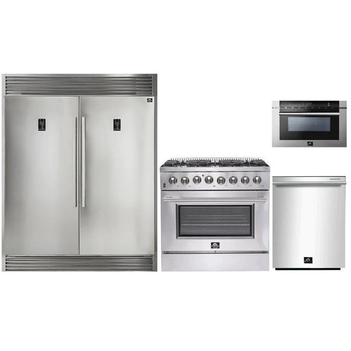 Forno Kitchen Appliance Packages Forno 36" Dual Fuel Range, 56" Pro-Style Refrigerator, Microwave Drawer and Stainless Steel 3-Rack Dishwasher Appliance Package