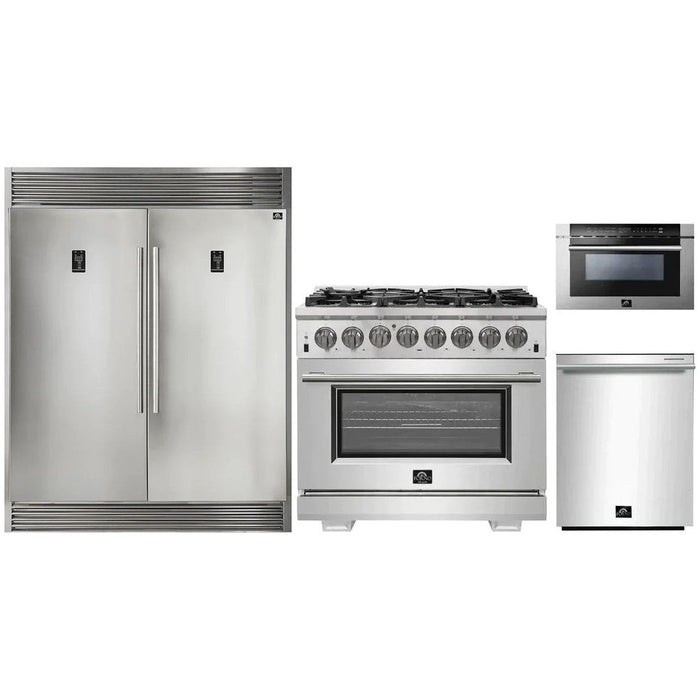 Forno 36" Dual Fuel Range, 56" Pro-Style Refrigerator, Microwave Drawer and Stainless Steel 3-Rack Dishwasher Pro Appliance Package