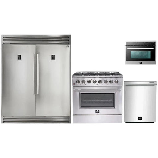 Forno 36" Dual Fuel Range, 56" Pro-Style Refrigerator, Microwave Oven and Stainless Steel 3-Rack Dishwasher Appliance Package