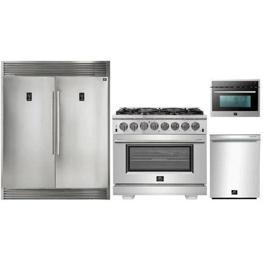 Forno Kitchen Appliance Packages Forno 36" Dual Fuel Range, 56" Pro-Style Refrigerator, Microwave Oven and Stainless Steel 3-Rack Dishwasher Pro Appliance Package