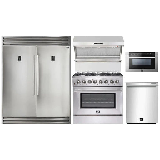 Forno 36" Dual Fuel Range, 56" Pro-Style Refrigerator, Wall Mount Hood with Backsplash, Microwave Drawer and Stainless Steel 3-Rack Dishwasher Appliance Package