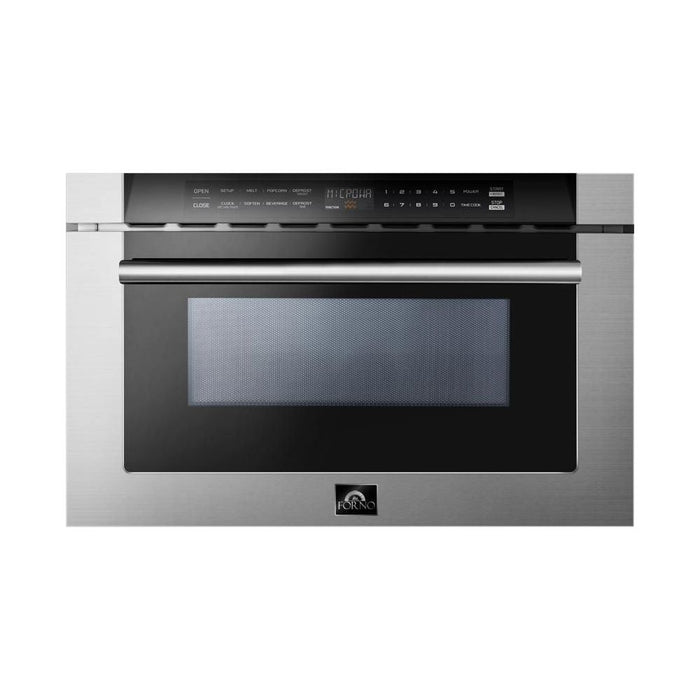 Forno Kitchen Appliance Packages Forno 36" Dual Fuel Range, 56" Pro-Style Refrigerator, Wall Mount Hood with Backsplash, Microwave Drawer and Stainless Steel 3-Rack Dishwasher Appliance Package