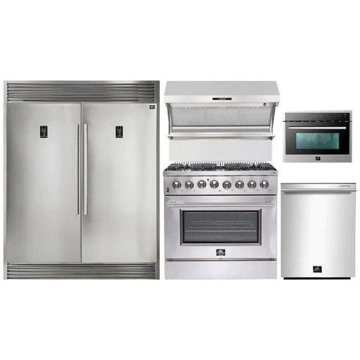 Forno Kitchen Appliance Packages Forno 36" Dual Fuel Range, 56" Pro-Style Refrigerator, Wall Mount Hood with Backsplash, Microwave Oven and Stainless Steel 3-Rack Dishwasher Appliance Package