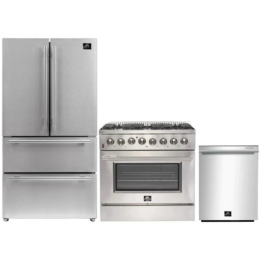 Forno Kitchen Appliance Packages Forno 36" Dual Fuel Range, French Door Refrigerator & Stainless Steel Dishwasher Appliance Package