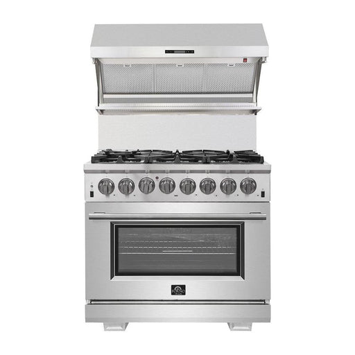 Forno Kitchen Appliance Packages Forno 36" Dual Fuel Range, French Door Refrigerator, Wall Mount Hood with Backsplash and Stainless Steel Dishwasher Pro Appliance Package