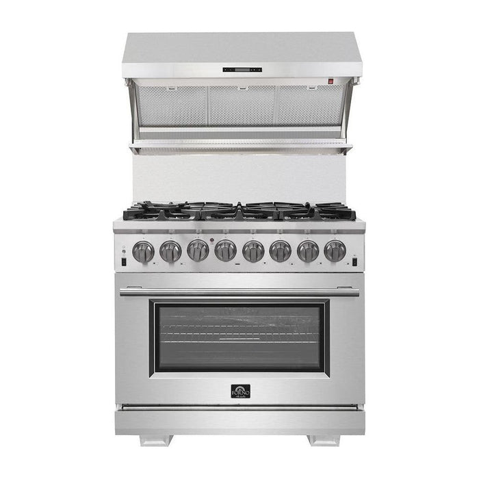 Forno Kitchen Appliance Packages Forno 36" Dual Fuel Range, Pro-Style Refrigerator, Wall Mount Hood with Backsplash and Stainless Steel Dishwasher Pro Appliance Package