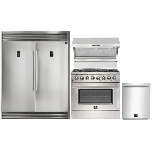 Forno Kitchen Appliance Packages Forno 36" Dual Fuel Range, Pro-Style Refrigerator, Wall Mount Hood with Backsplash and Stainless Steel Dishwasher Pro Appliance Package