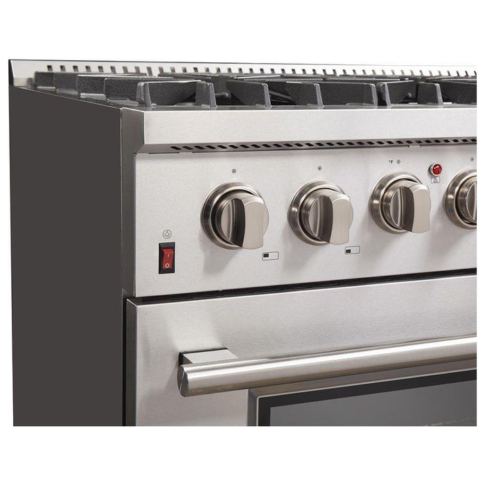 Forno 36" Dual Fuel Range, Refrigerator and Stainless Steel Wall Mount Hood with Backsplash Appliance Package