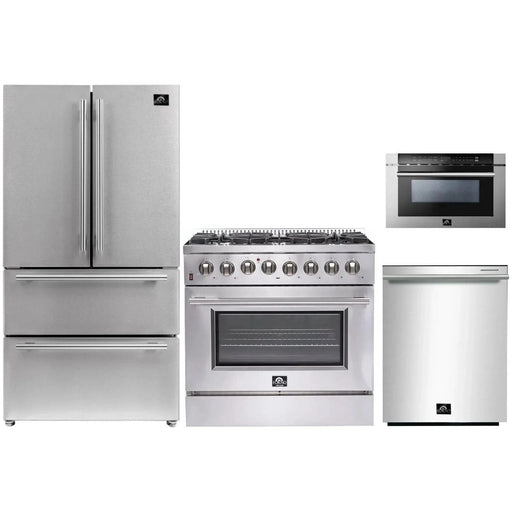 Forno 36" Dual Fuel Range, Refrigerator, Microwave Drawer and Stainless Steel 3-Rack Dishwasher Appliance Package