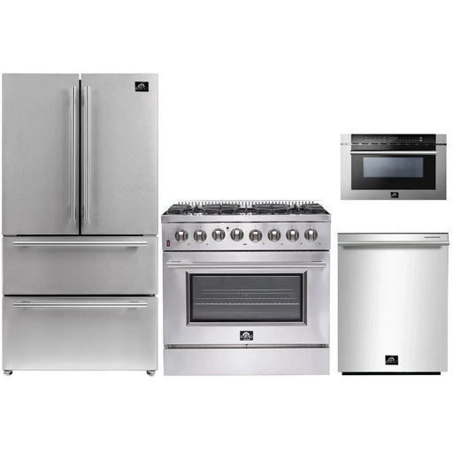 Forno Kitchen Appliance Packages Forno 36" Dual Fuel Range, Refrigerator, Microwave Drawer and Stainless Steel 3-Rack Dishwasher Appliance Package