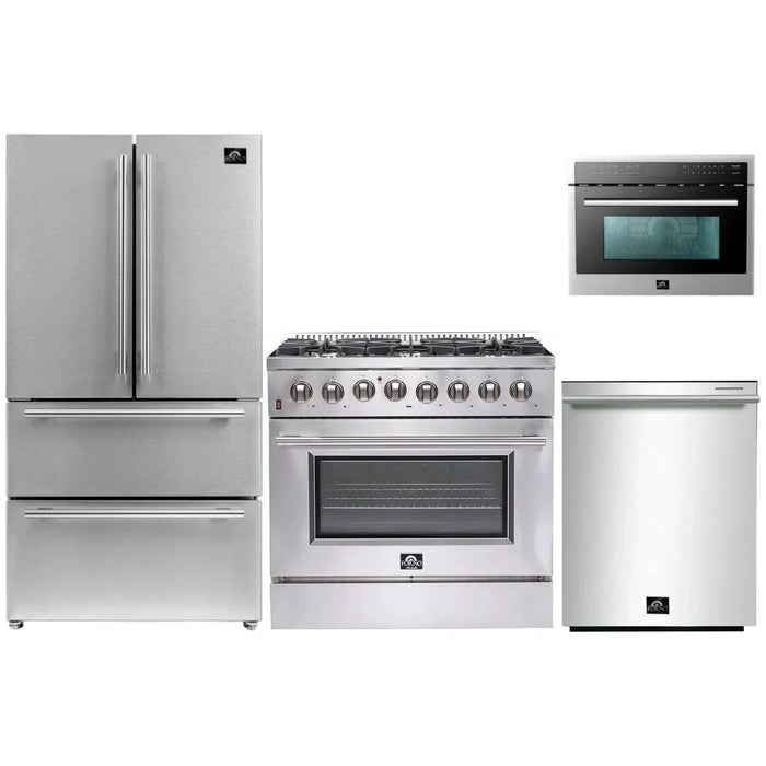 Forno Kitchen Appliance Packages Forno 36" Dual Fuel Range, Refrigerator, Microwave Oven and Stainless Steel 3-Rack Dishwasher Appliance Package