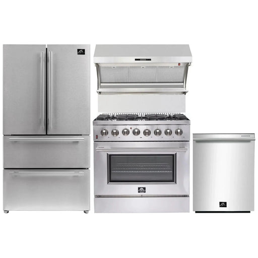 Forno Kitchen Appliance Packages Forno 36" Dual Fuel Range, Refrigerator, Wall Mount Hood with Backsplash and Stainless Steel 3-Rack Dishwasher Appliance Package