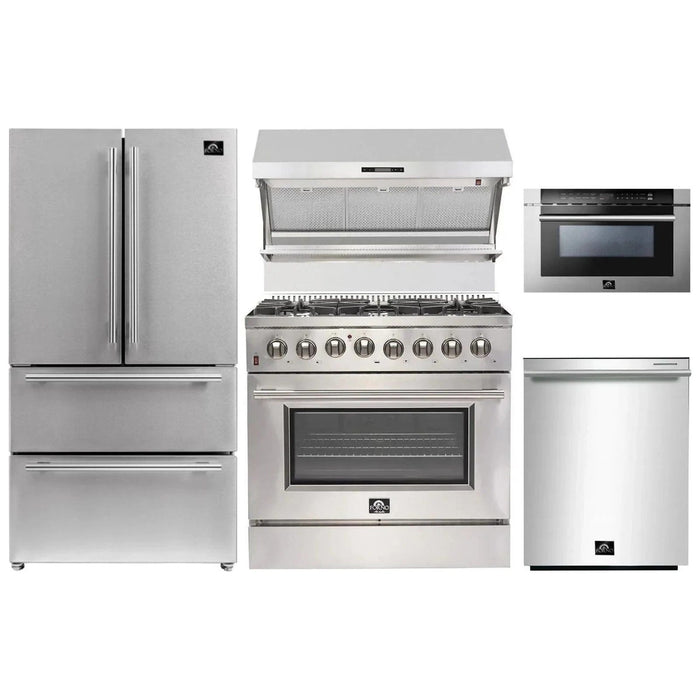 Forno 36" Dual Fuel Range, Refrigerator, Wall Mount Hood with Backsplash, Microwave Drawer and Stainless Steel 3-Rack Dishwasher Appliance Package