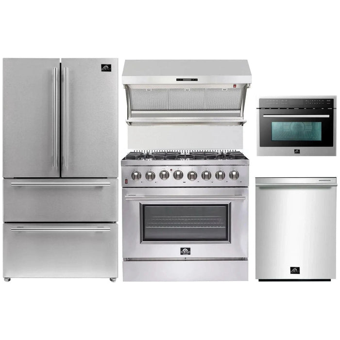 Forno 36" Dual Fuel Range, Refrigerator, Wall Mount Hood with Backsplash, Microwave Oven and Stainless Steel 3-Rack Dishwasher Appliance Package