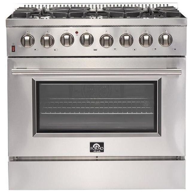 Forno Kitchen Appliance Packages Forno 36" Dual Fuel Range, Refrigerator, Wall Mount Hood with Backsplash, Microwave Oven and Stainless Steel 3-Rack Dishwasher Appliance Package