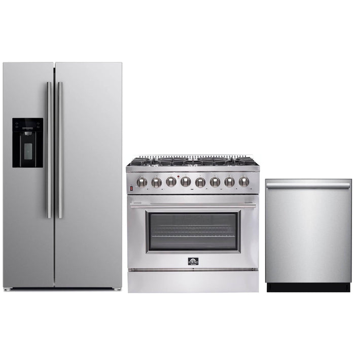 Forno Kitchen Appliance Packages Forno 36" Dual Fuel Range, Refrigerator with Water Dispenser and Stainless Steel Dishwasher Appliance Package