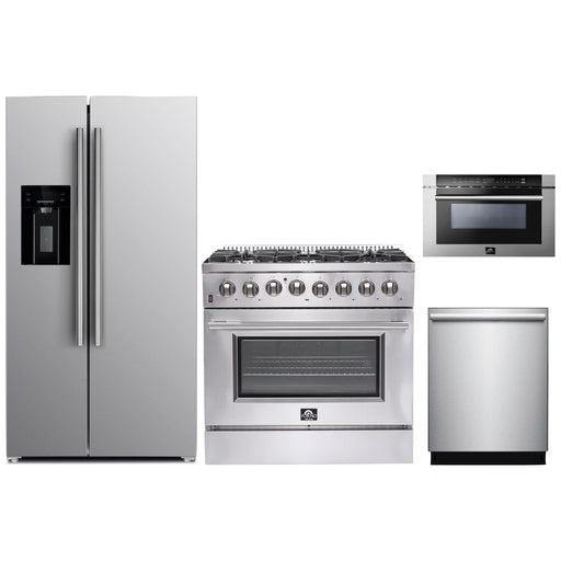 Forno Kitchen Appliance Packages Forno 36" Dual Fuel Range, Refrigerator with Water Dispenser, Microwave Drawer and Stainless Steel 3-Rack Dishwasher Appliance Package