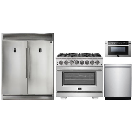 Forno 36" Dual Fuel Range, Refrigerator with Water Dispenser, Microwave Drawer and Stainless Steel 3-Rack Dishwasher Pro Appliance Package