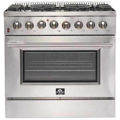 Forno Kitchen Appliance Packages Forno 36" Dual Fuel Range, Refrigerator with Water Dispenser, Wall Mount Hood with Backsplash and Stainless Steel 3-Rack Dishwasher Appliance Package