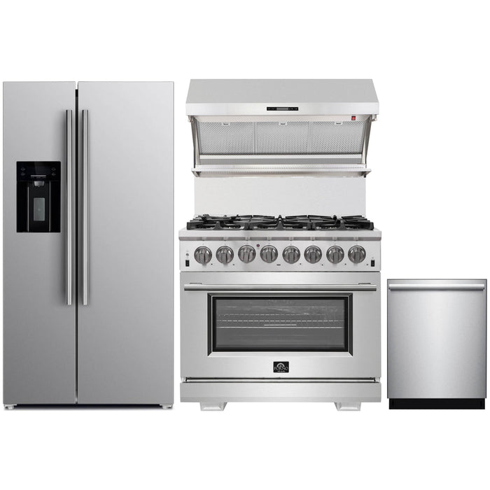 Forno Kitchen Appliance Packages Forno 36" Dual Fuel Range, Refrigerator with Water Dispenser, Wall Mount Hood with Backsplash and Stainless Steel 3-Rack Dishwasher Pro Appliance Package