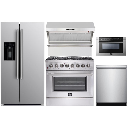 Forno Kitchen Appliance Packages Forno 36" Dual Fuel Range, Refrigerator with Water Dispenser, Wall Mount Hood with Backsplash, Microwave Drawer and Stainless Steel 3-Rack Dishwasher Appliance Package