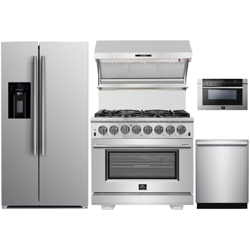 Forno Kitchen Appliance Packages Forno 36" Dual Fuel Range, Refrigerator with Water Dispenser, Wall Mount Hood with Backsplash, Microwave Drawer and Stainless Steel 3-Rack Dishwasher Pro Appliance Package
