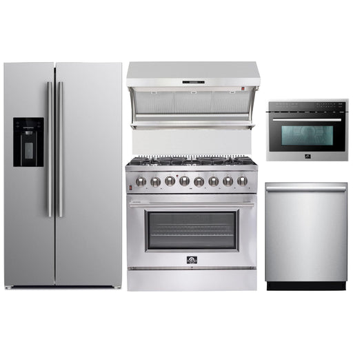 Forno Kitchen Appliance Packages Forno 36" Dual Fuel Range, Refrigerator with Water Dispenser, Wall Mount Hood with Backsplash, Microwave Oven and Stainless Steel 3-Rack Dishwasher Appliance Package