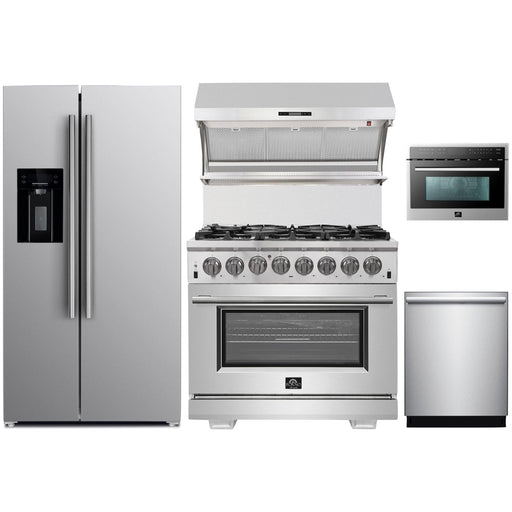 Forno 36" Dual Fuel Range, Refrigerator with Water Dispenser, Wall Mount Hood with Backsplash, Microwave Oven and Stainless Steel 3-Rack Dishwasher Pro Appliance Package