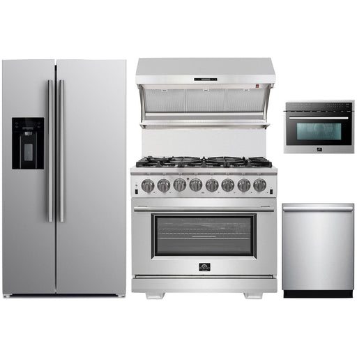 Forno Kitchen Appliance Packages Forno 36" Dual Fuel Range, Refrigerator with Water Dispenser, Wall Mount Hood with Backsplash, Microwave Oven and Stainless Steel 3-Rack Dishwasher Pro Appliance Package